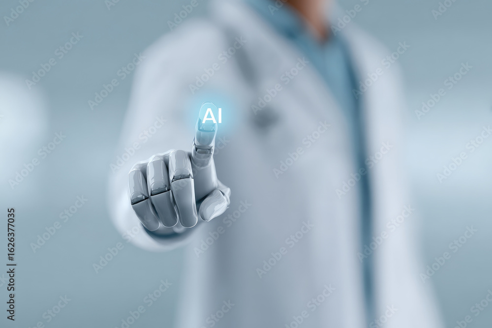 Poster innovative ai applications in healthcare laboratory setting digital interaction futuristic environme
