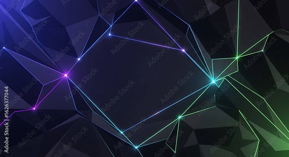 Poster abstract digital art featuring a dark, faceted geometric structure with glowing neon lines and point
