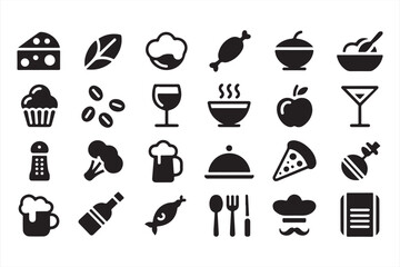 Set of Culinary and Beverage Icons in Minimalist Black Silhouette