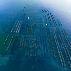 Seafood farming in the Ria Formosa in the Algarve. Aerial view from a drone. Protected as a Coastal Natural Park and Ramsar Site in the Algarve region. Portugal, Europe