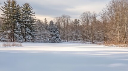 Obraz premium Serene Winter Landscape with Snow-Covered Trees and Frozen Pond