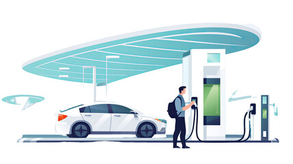 Title: Man Refueling Car at Gas Station in Flat Style Isolated on White Background Illustration