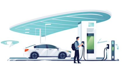 Title: Man Refueling Car at Gas Station in Flat Style Isolated on White Background Illustration
