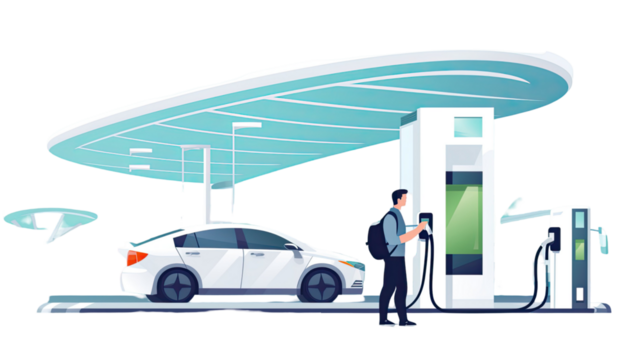 Title: Man Refueling Car at Gas Station in Flat Style Isolated on White Background Illustration