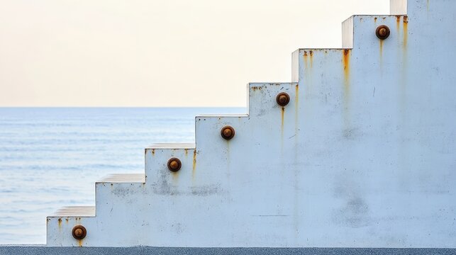 Rusty White Stairs Leading to Calm Blue Waters of the Sea - Powered by Adobe