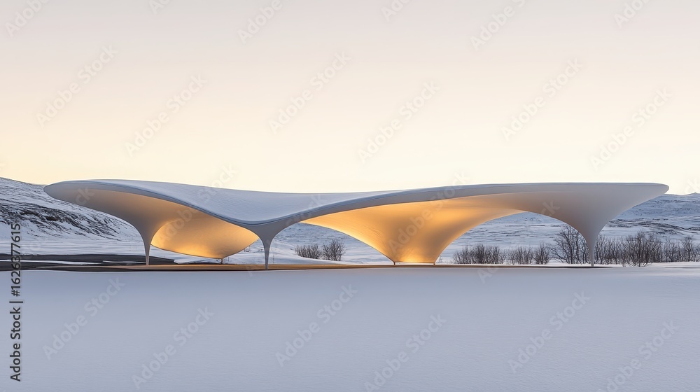 Poster modern snowy architecture with unique curved roofs in winter setting