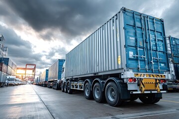 Several semi trucks are carrying cargo containers in a busy port, with stacks of containers and cranes visible in the background at sunset, creating a dynamic scene of global trade and logistics