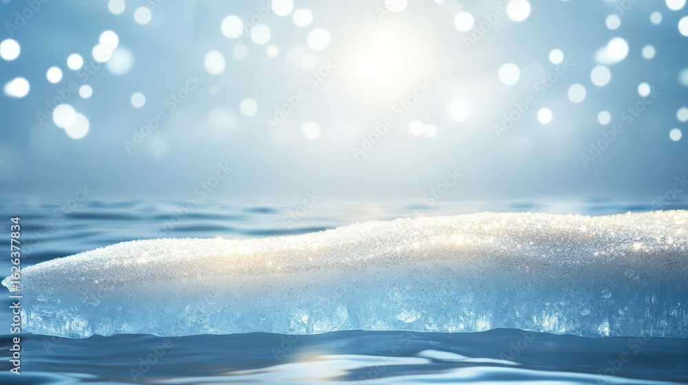 Poster frosty ice surface in calm water with shimmering bokeh background