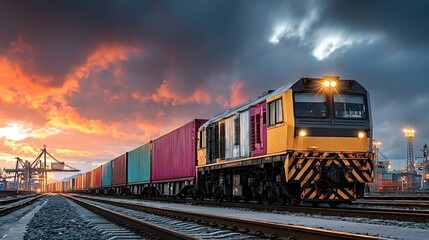 Freight train transporting vibrant intermodal containers departs from an industrial port at sunset, capturing the essence of global trade and logistics in motion