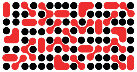 Geometric Abstract Seamless Pattern with Red and Black Rounded Shapes. Vector illustration isolated on clear background.