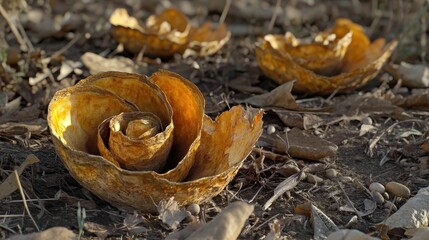 Unique Dried Flower Shapes on Forest Floor Surrounded by Leaves
