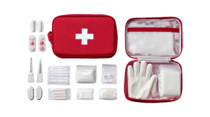 Open First Aid Box with Scissors, Bandages, Gloves, Tweezers and Others Supplies on Transparent Background

