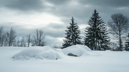 Obraz premium Serene Winter Landscape with Snowy Ground and Evergreen Trees