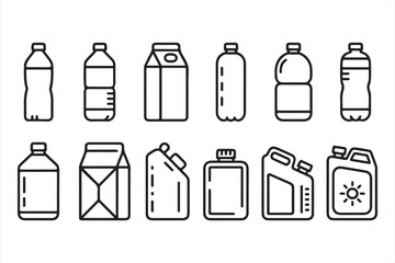 Fototapeta premium Collection of Plastic Bottles, Cartons, and Liquid Containers in Outline Style