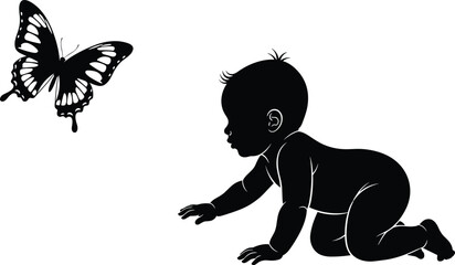 Crawling baby silhouette looking at butterfly, childhood curiosity, nature interaction, innocence, early development, learning, toddler growth, discovery moment