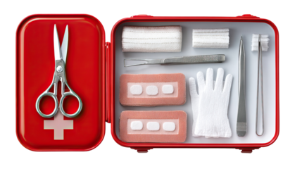 Open First Aid Box with Scissors, Bandages, Gloves, Tweezers and Others Supplies on Transparent Background


