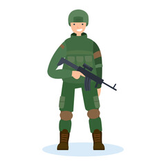 Smiling soldier in full gear holding a rifle, flat design vectors.