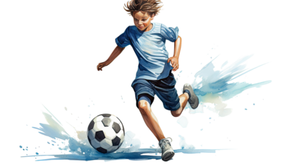 Title: Young Boy in Blue Soccer Uniform Kicking Ball Isolated on White Background Illustration