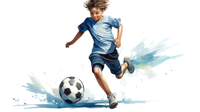 Title: Young Boy in Blue Soccer Uniform Kicking Ball Isolated on White Background Illustration