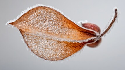 Frosty Leaf with Ice Crystals on Light Background in Close-Up View