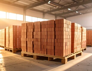 Neatly stacked terracotta bricks on wooden pallets in a large industrial warehouse