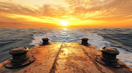 Stunning Sunset over Ocean Waves from Boat Bow on Tranquil Evening