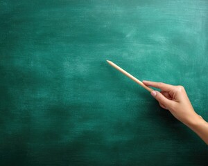 Hand Pointing With Pencil On Green Chalkboard