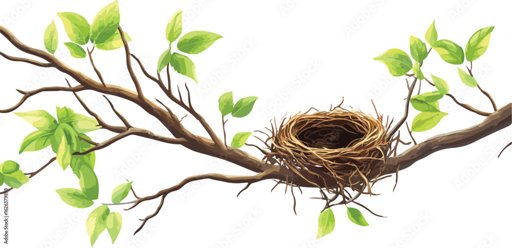 Wall mural empty bird s nest resting on a delicate tree branch with vibrant green spring leaves