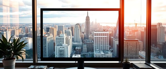 Cityscape viewed from office window on computer screen,  digital,   graphic