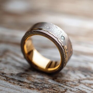 Damascus Steel Wedding Band with Gold Inlay and Diamond