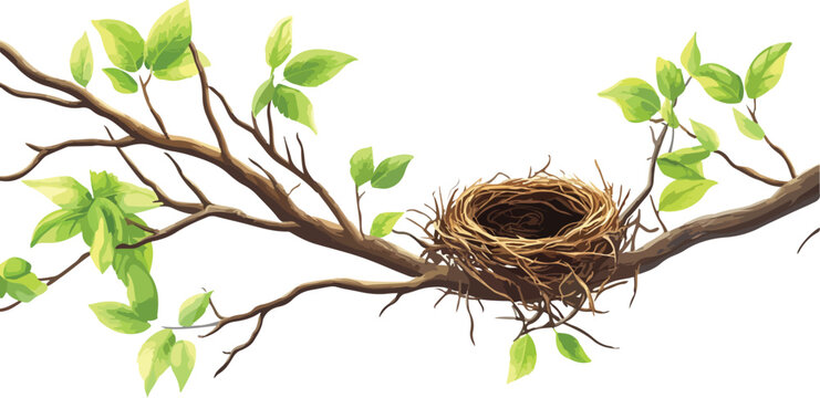 Empty bird s nest resting on a delicate tree branch with vibrant green spring leaves