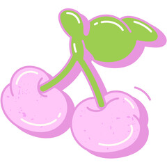 A whimsical retro illustration of two cute pink cherries. Funky pop art style fruit graphic with a vintage aesthetic.
