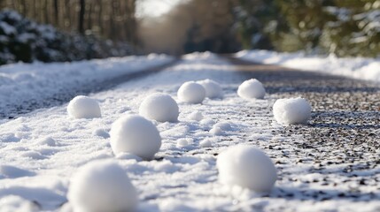 Snowballs on a Snow-Covered Pathway in a Winter Landscape Scene