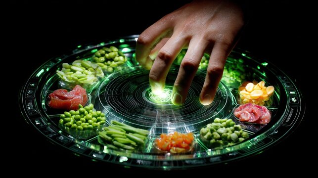 Futuristic food platter with hand hovering