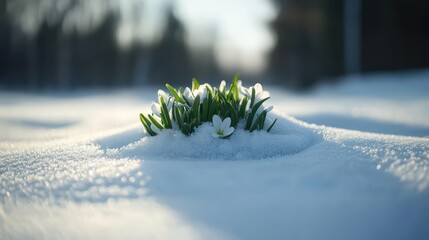 Snowdrop Flowers Emerging from Snowy Ground in Early Spring Light