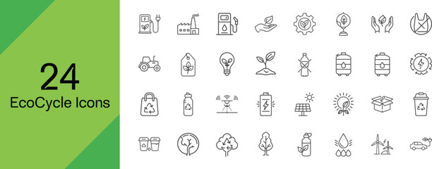 Twenty-four Eco Cycle Icons:  Sustainable Energy, Recycling, and Green Living Line Art Graphics.