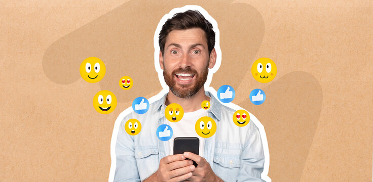 A man is happily interacting with his smartphone, smiling as he texts friends. Colorful emojis surround him, expressing joy and engagement in social media conversations. - Powered by Adobe