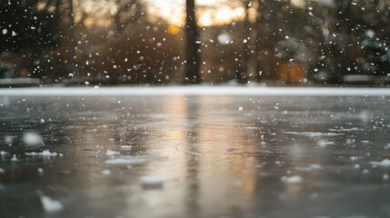 Snowfall on Frozen Pond in Winter Park at Sunset Glow