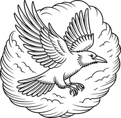 Obraz premium Black and white drawing of a raven flying through clouds