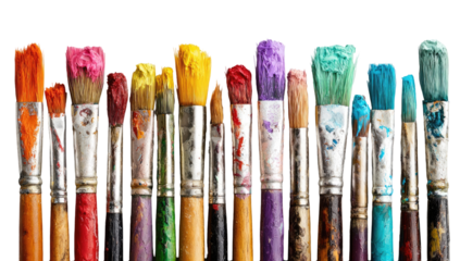 A row of used paintbrushes, various colors