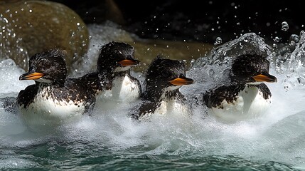 Four little birds splashing in the water.
