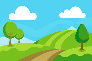 Flat design rolling green hills with trees and clouds