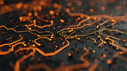 Abstract circuit board with glowing orange lines