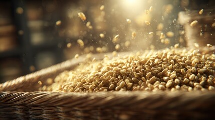 Wheat grains spill from basket, close-up