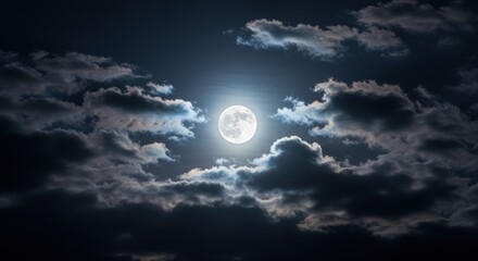 Obraz premium Majestic Full Moon Glows Through Dramatic, Dark, Cloudy Night Sky