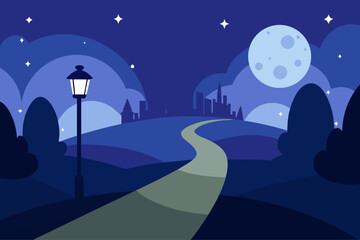 Serene nighttime landscape with winding path and full moon