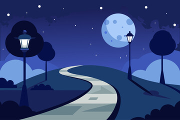 Serene nighttime park path under a full moon