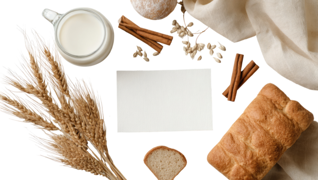 Flat lay featuring a blank card surrounded by bread, milk, cinnamon sticks, and wheat stalks - Powered by Adobe