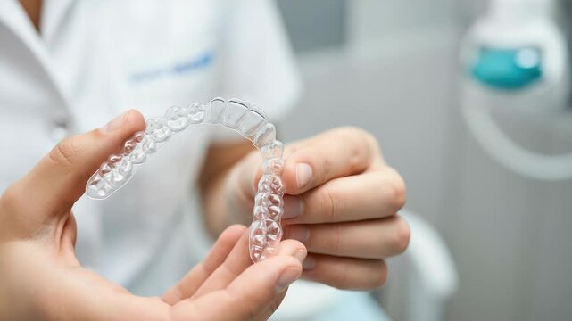 Close-up of dentist holding clear dental aligner in hand
