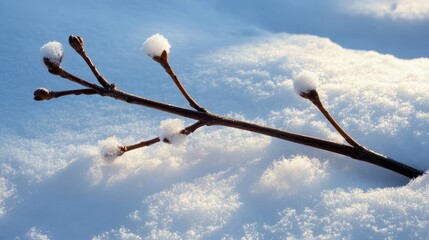 Snowy Branch with Buds on Soft White Snow Blanket in Winter Time